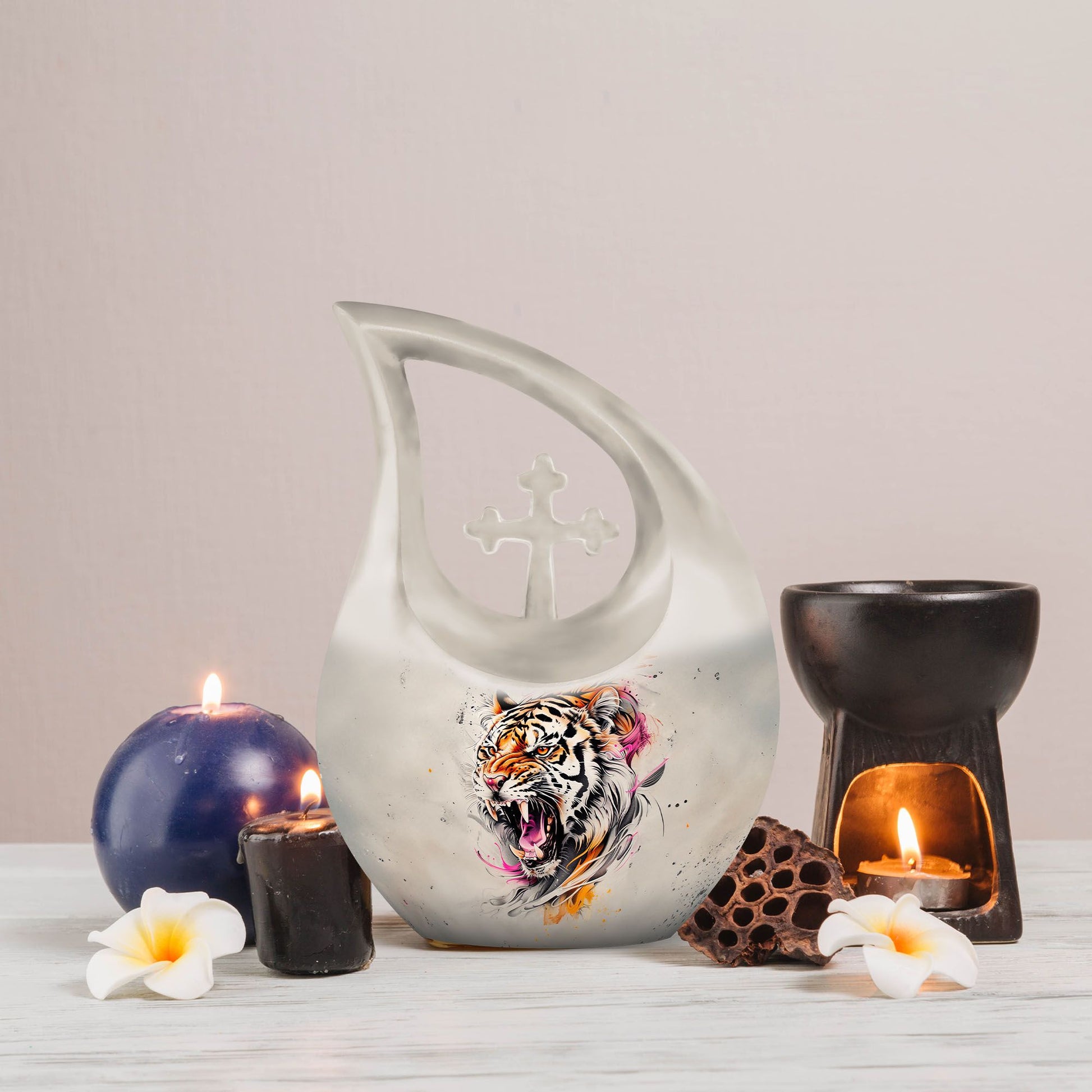 10-inch Tiger themed Cross Drop Design Unique Urn for Dad,