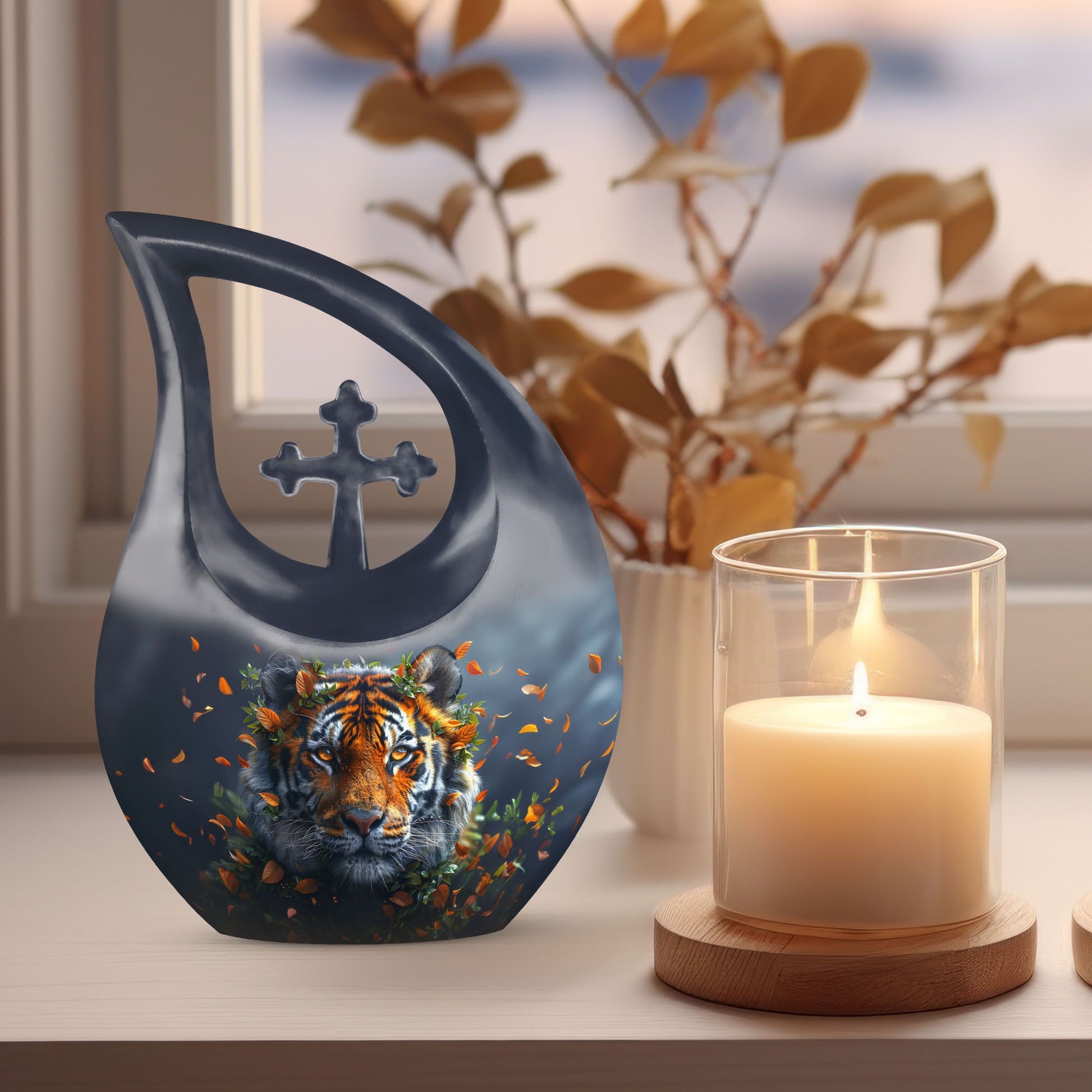 Tiger themed Cross Drop memorial urn 
