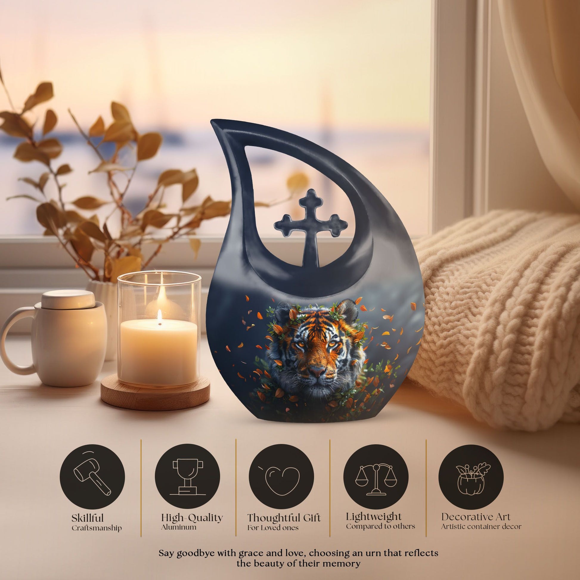 Tiger themed Cross Drop memorial urn 