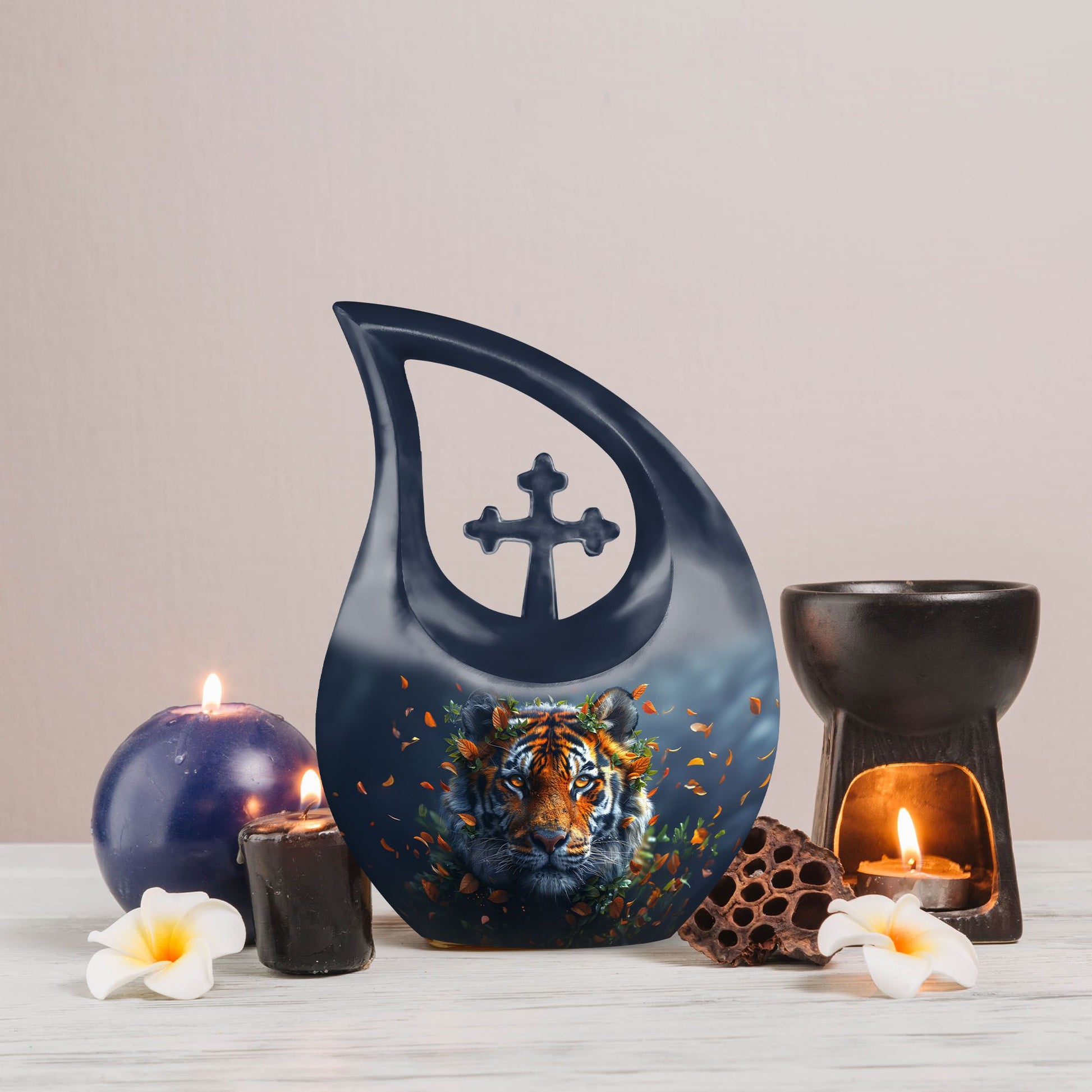 Tiger themed Cross Drop memorial urn 