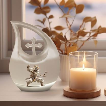 10-inch Tiger Urn in Cross Drop design with personal 