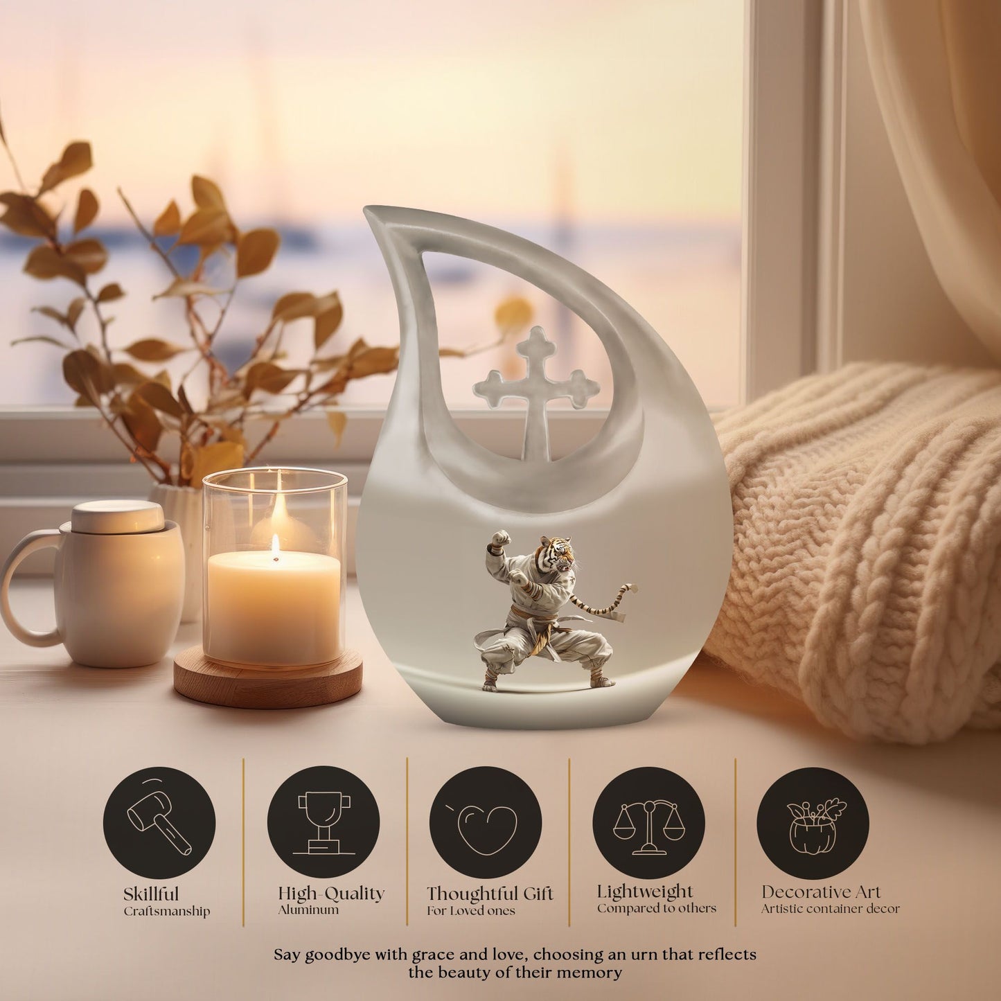 10-inch Tiger Urn in Cross Drop design with personal 