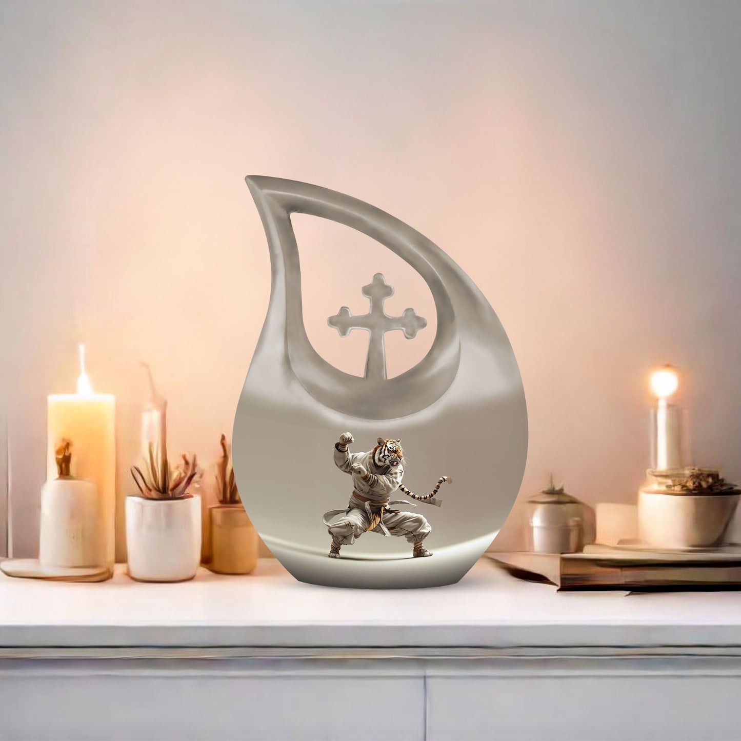 10-inch Tiger Urn in Cross Drop design with personal 