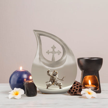 10-inch Tiger Urn in Cross Drop design with personal 
