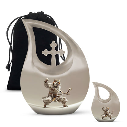 10-inch Tiger Urn in Cross Drop design with personal 