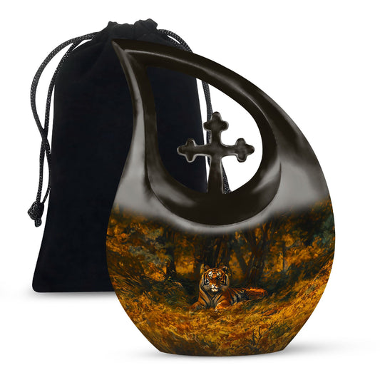 10-inch Tiger-themed Cross Drop Extra Large Cremation Urn 