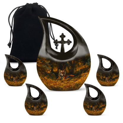 10-inch Tiger-themed Cross Drop Extra Large Cremation Urn 