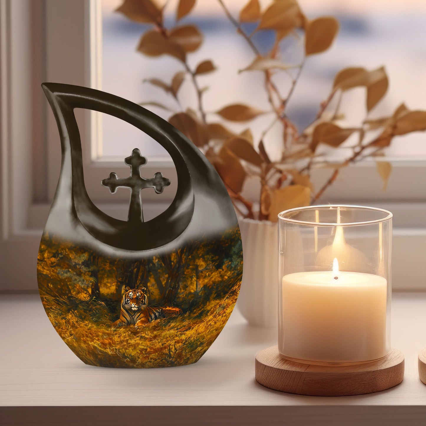 10-inch Tiger-themed Cross Drop Extra Large Cremation Urn 