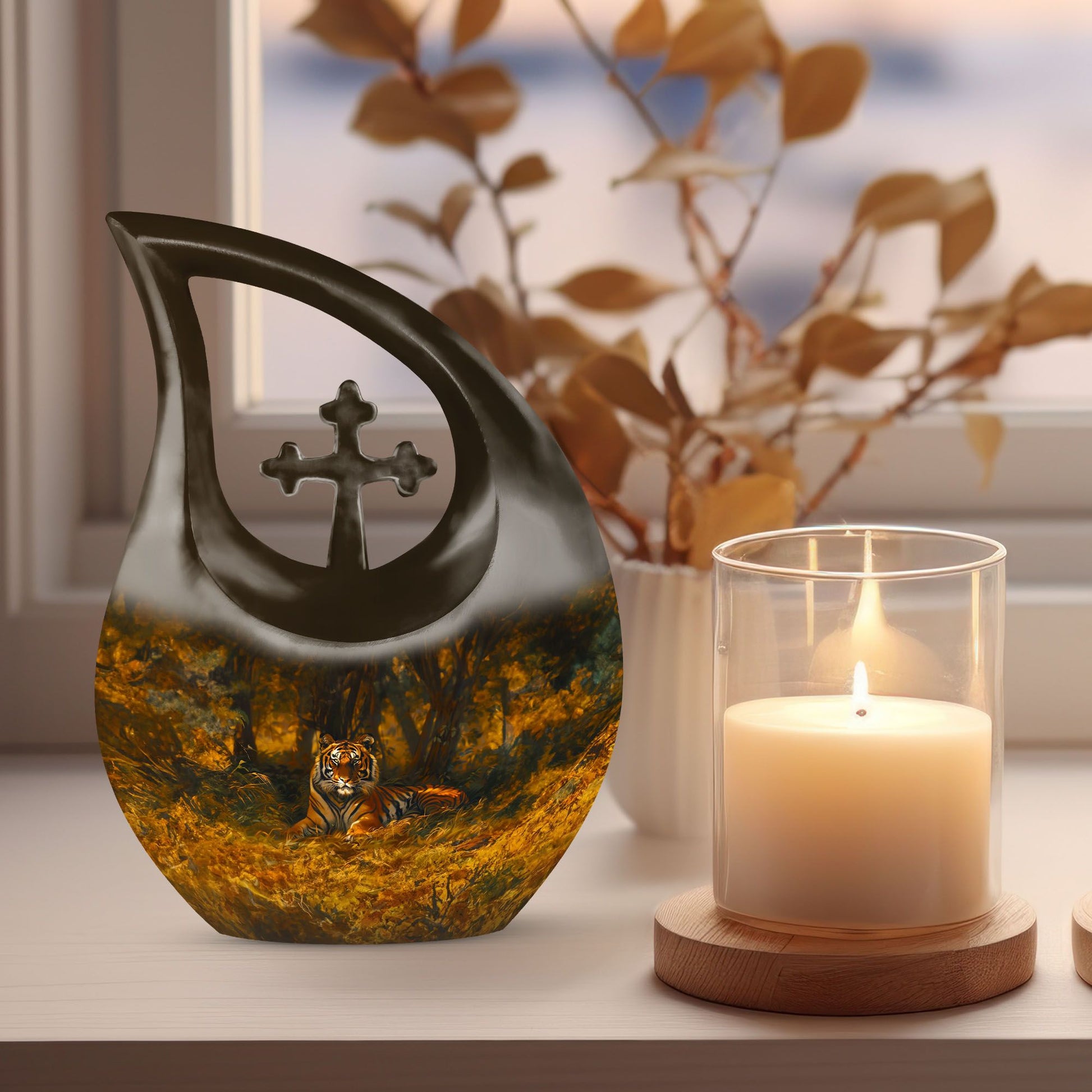 10-inch Tiger-themed Cross Drop Extra Large Cremation Urn 