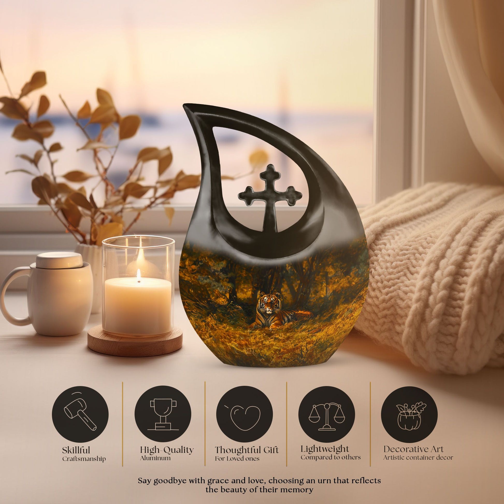 10-inch Tiger-themed Cross Drop Extra Large Cremation Urn 
