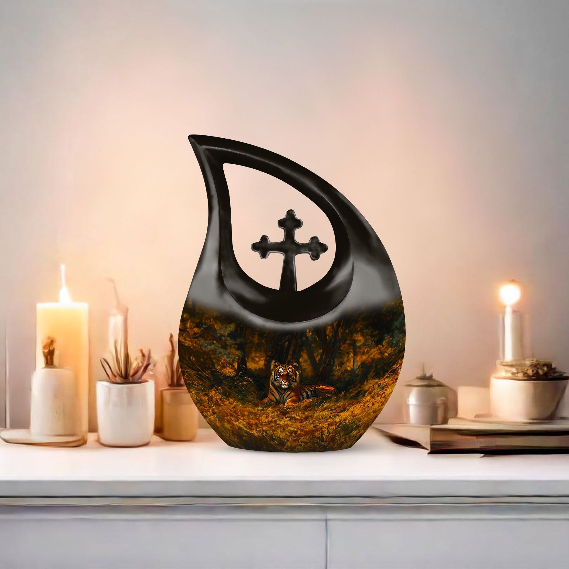 10-inch Tiger-themed Cross Drop Extra Large Cremation Urn 