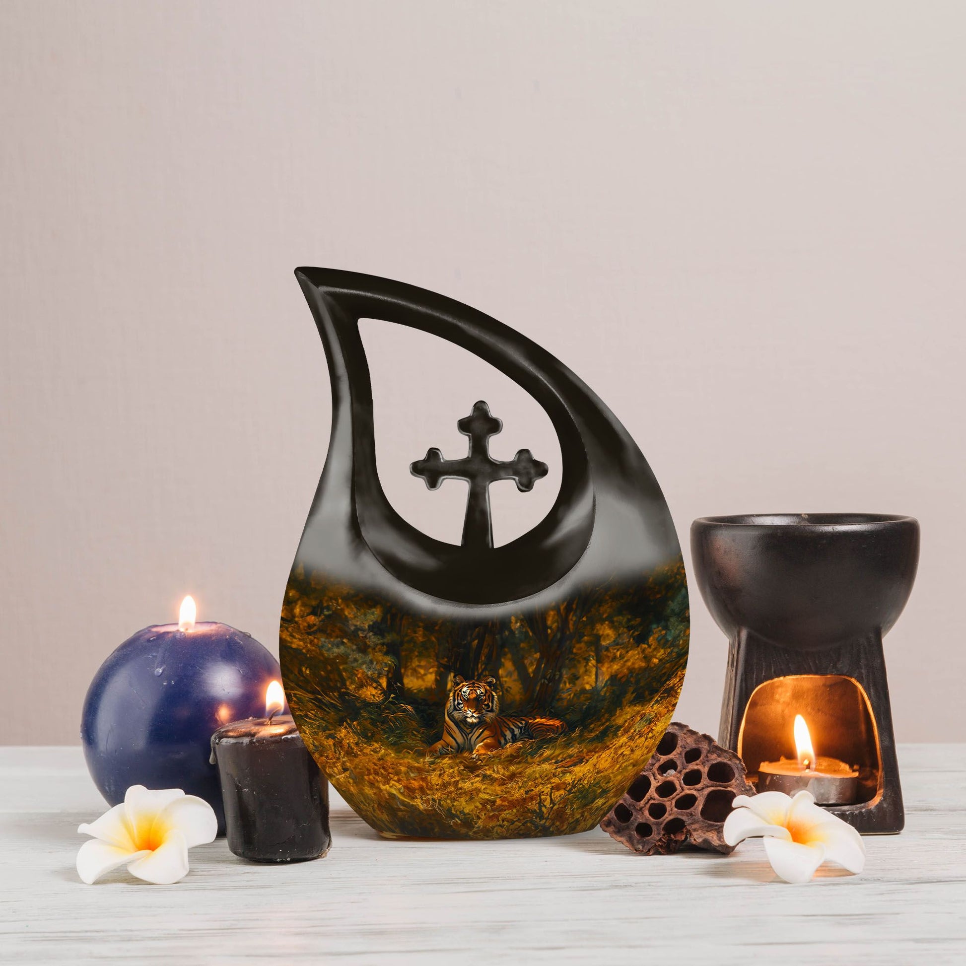 10-inch Tiger-themed Cross Drop Extra Large Cremation Urn 