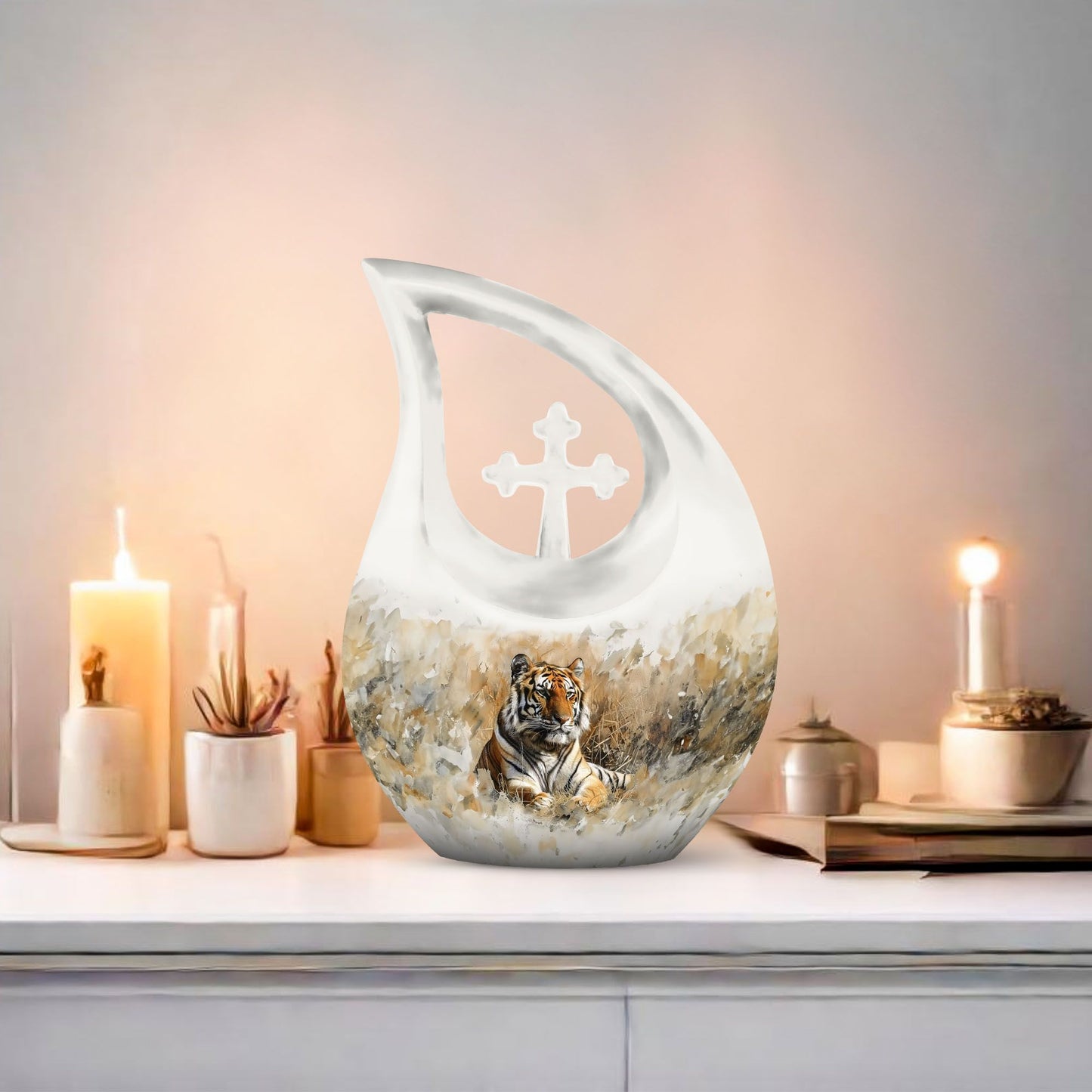 Medium Size Tiger themed Cross Drop Memorial Urn,