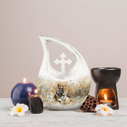 Medium Size Tiger themed Cross Drop Memorial Urn,