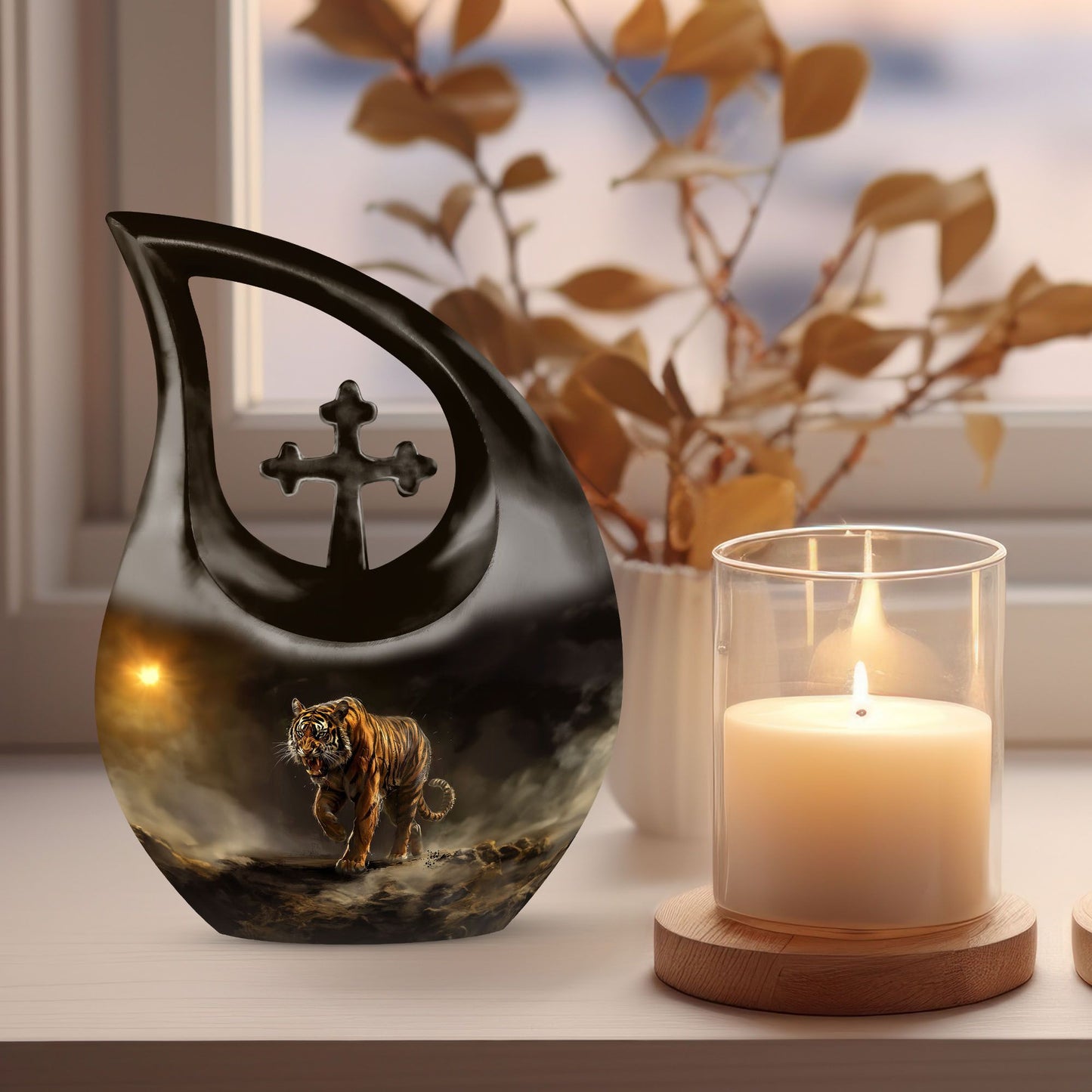 10-inch Large Tiger-themed Cross Drop remembrance urn 