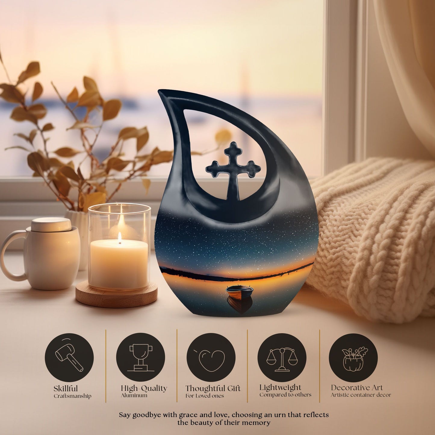 10-inch Boat urn in cross drop design, personalizable