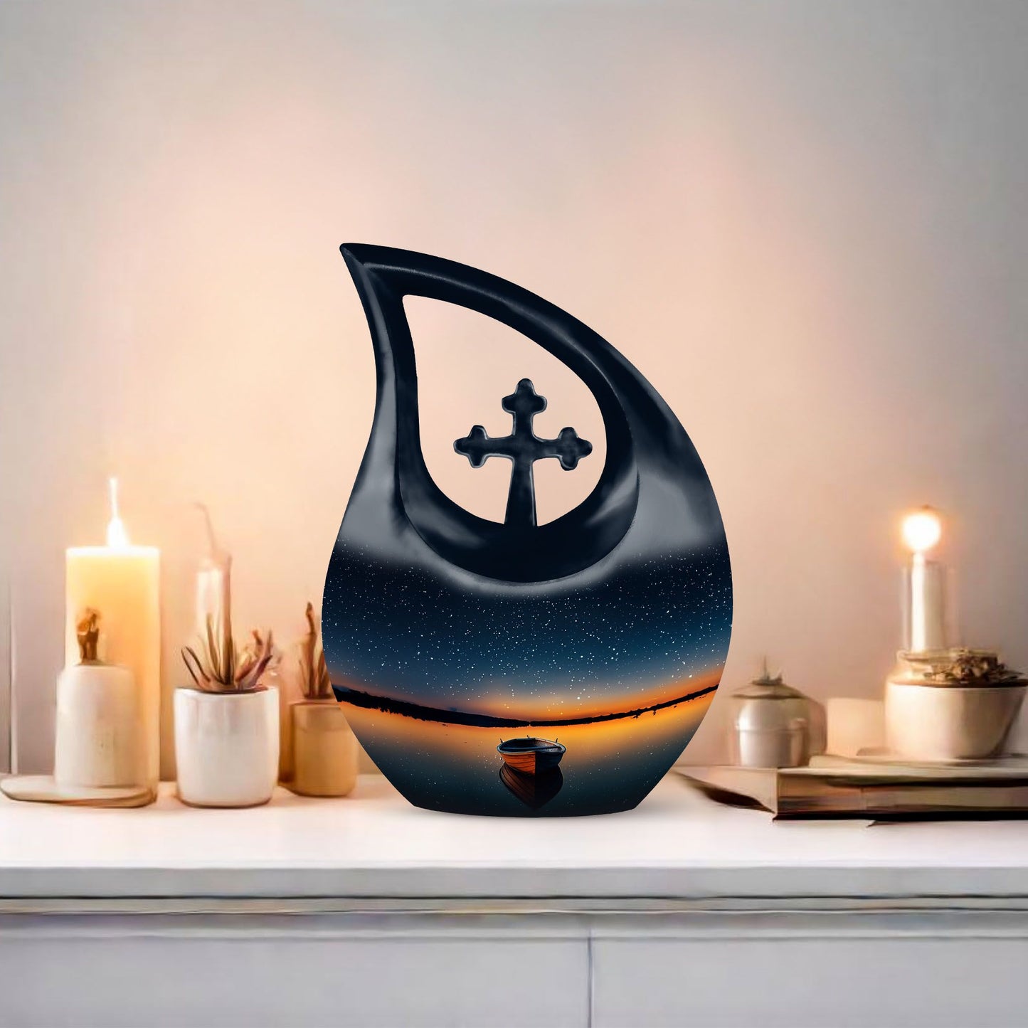 10-inch Boat urn in cross drop design, personalizable