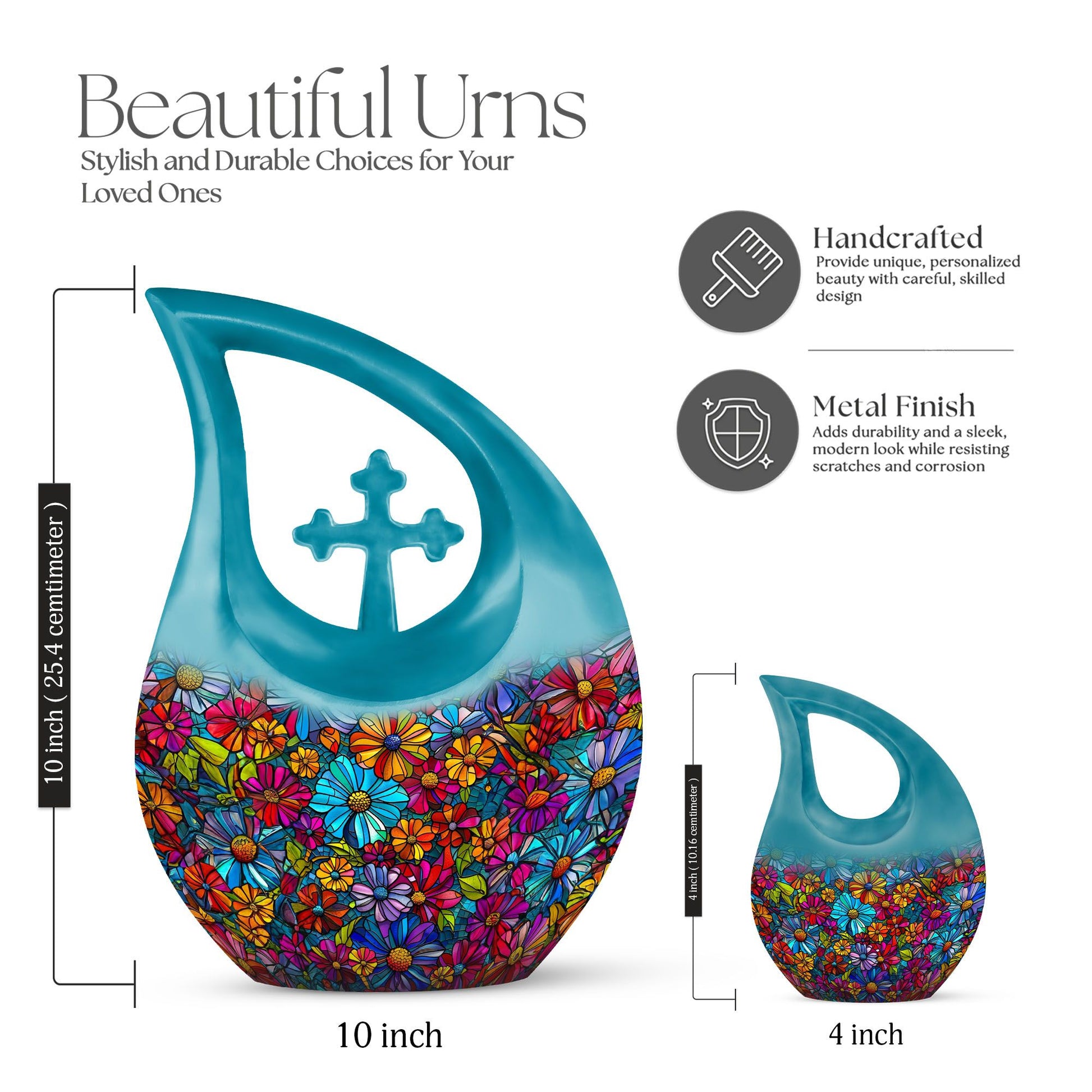 10-inch Flowers Urn in Cross Drop design, Custom Large