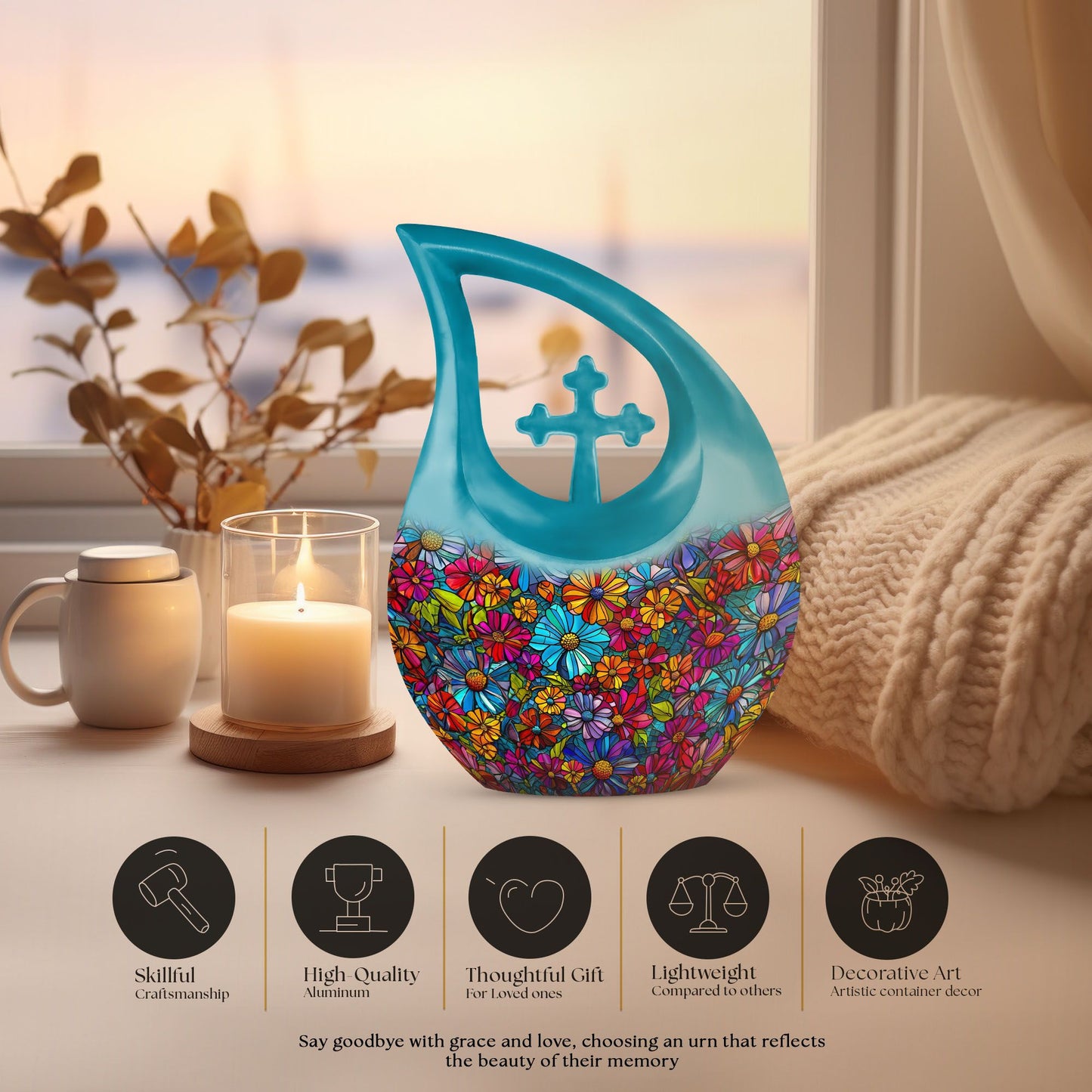 10-inch Flowers Urn in Cross Drop design, Custom Large