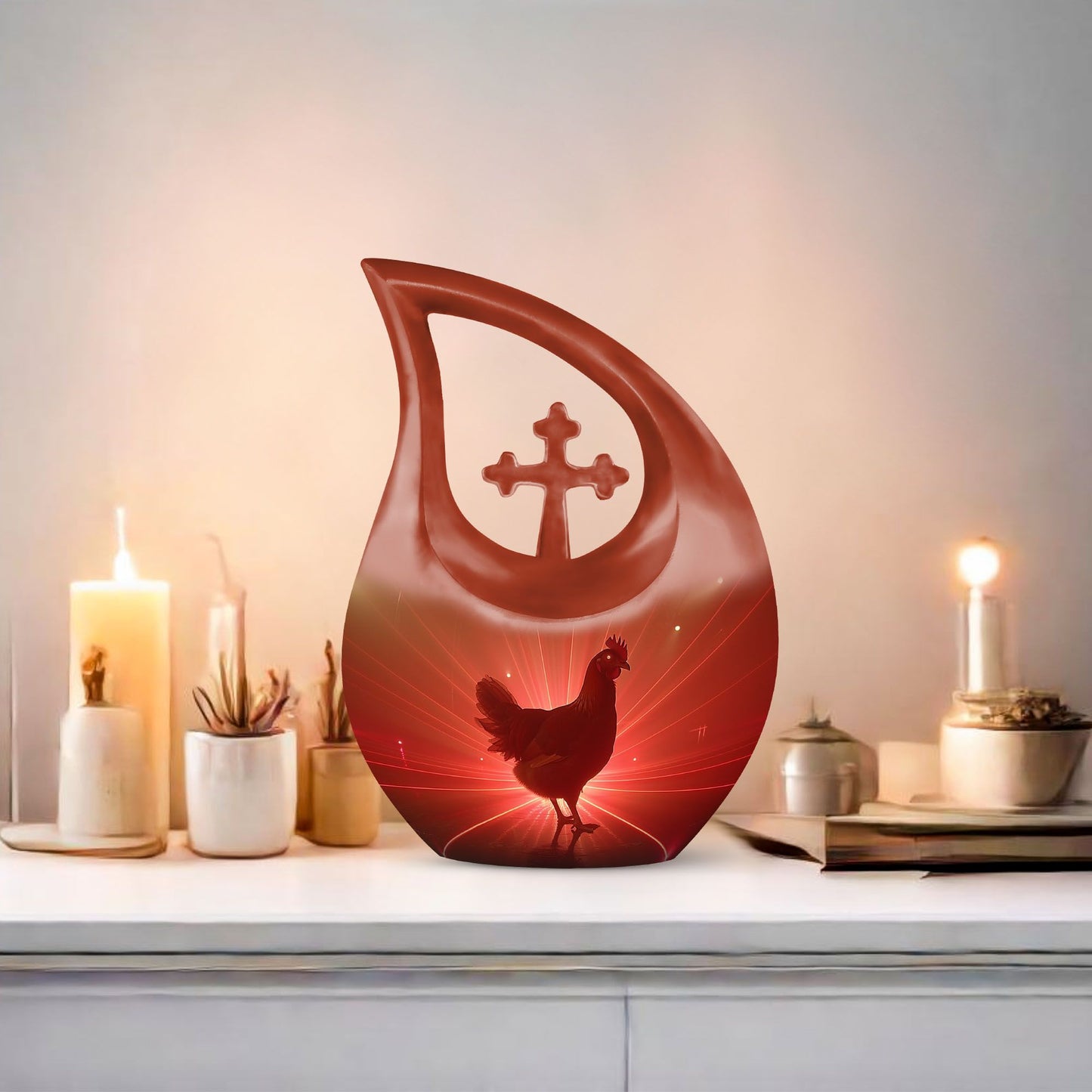 Personalized Chicken Urn design with Cross Drop 