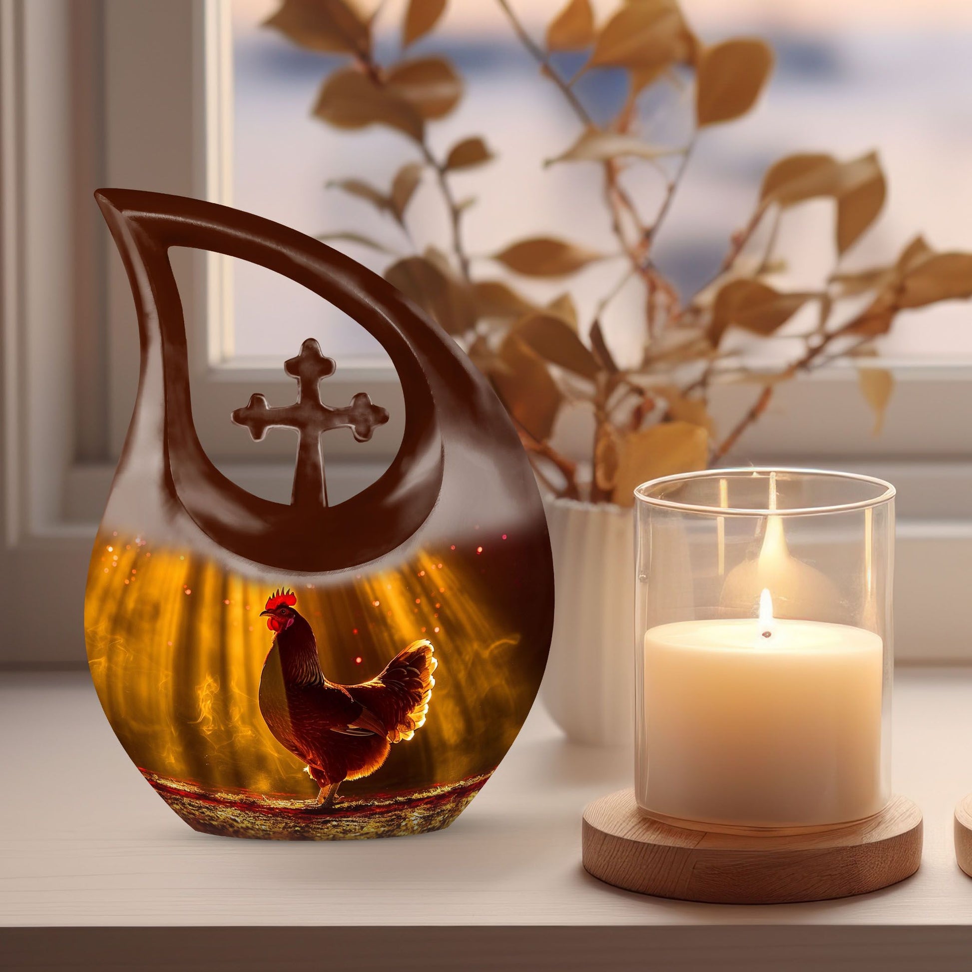 Cross Drop Chicken Theme 10 Inch Aluminium Large Cremation Container Urn 