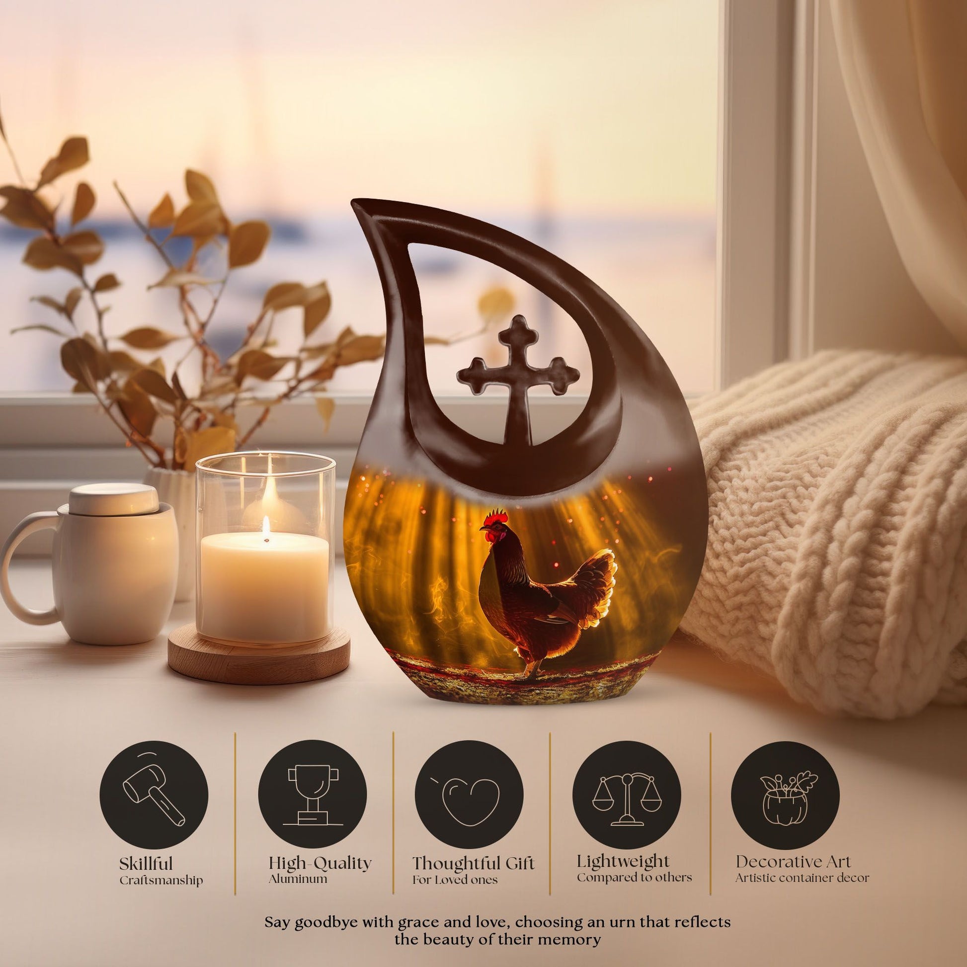Cross Drop Chicken Theme 10 Inch Aluminium Large Cremation Container Urn 