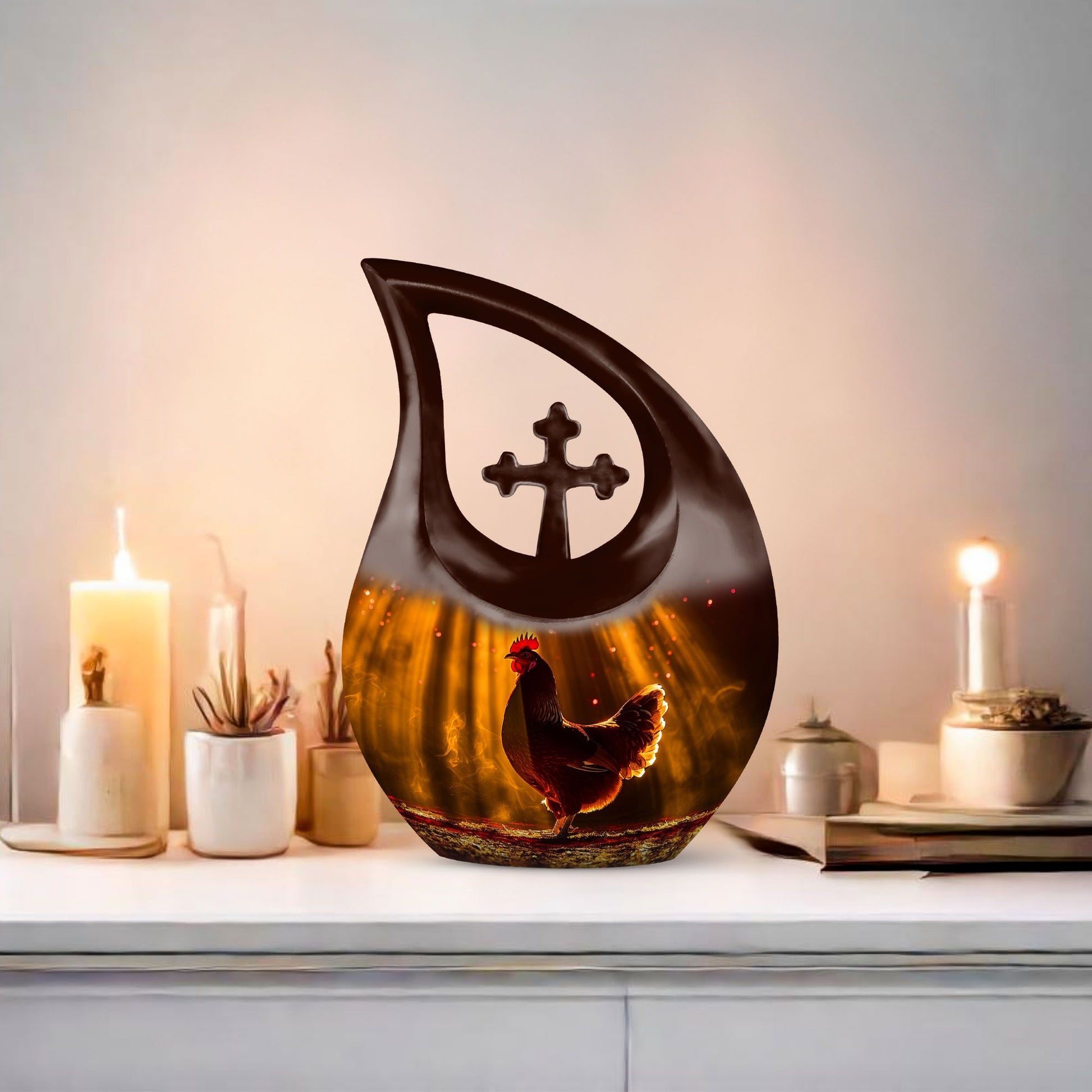 Cross Drop Chicken Theme 10 Inch Aluminium Large Cremation Container Urn 
