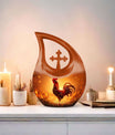 10-inch Chicken themed Cross Drop urn for ashes, can be personalized with engraved names