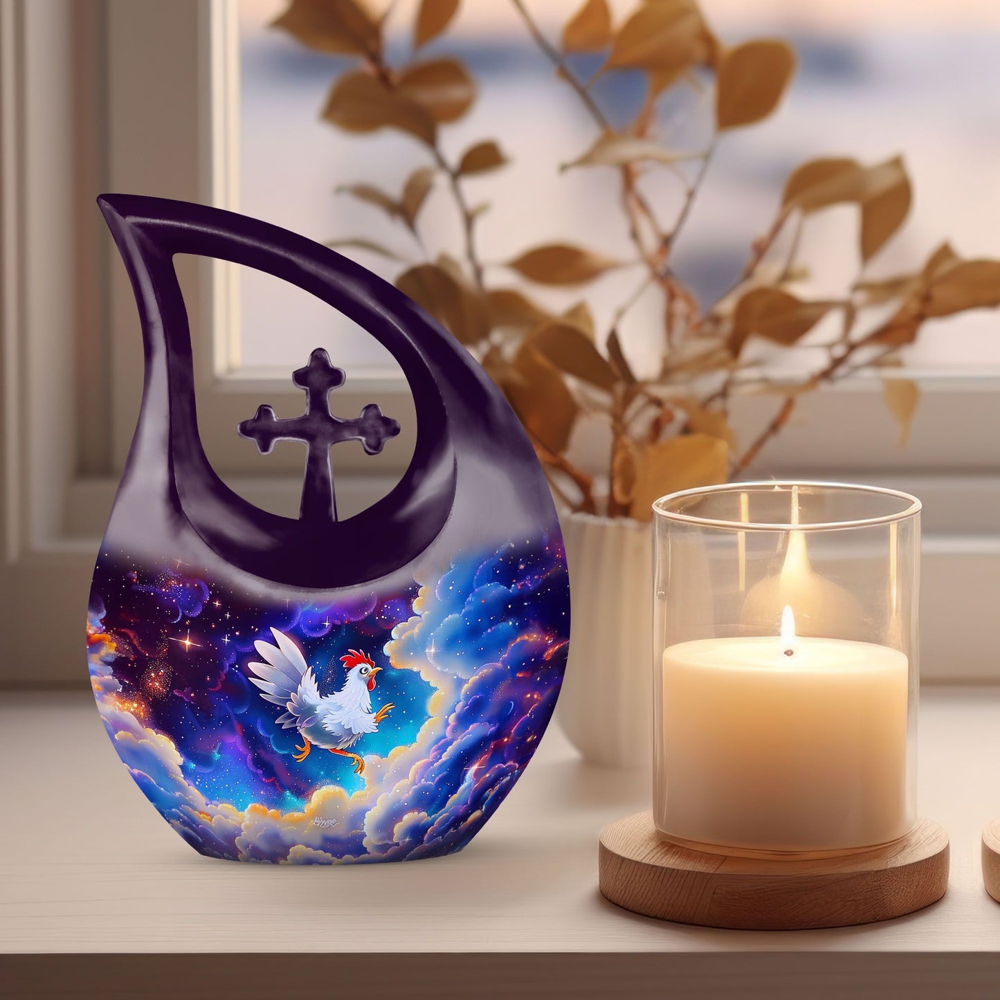 10-inch Chicken Themed Cross Drop Urn for Human Ashes 