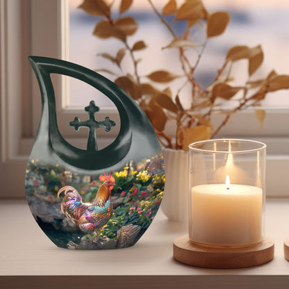 10-inch Chicken-themed Aluminium Cross Drop Large Urn for Affordable Cremation