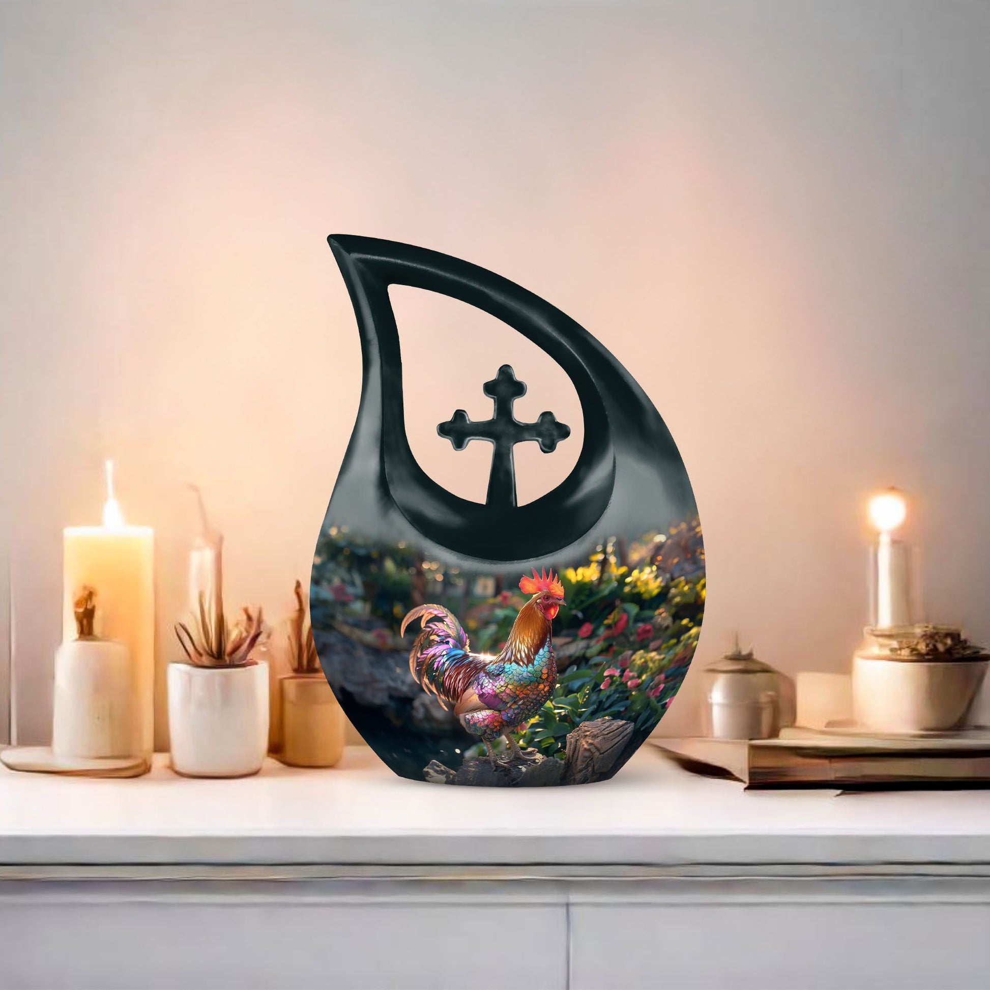 10-inch Chicken-themed Aluminium Cross Drop Large Urn for Affordable Cremation