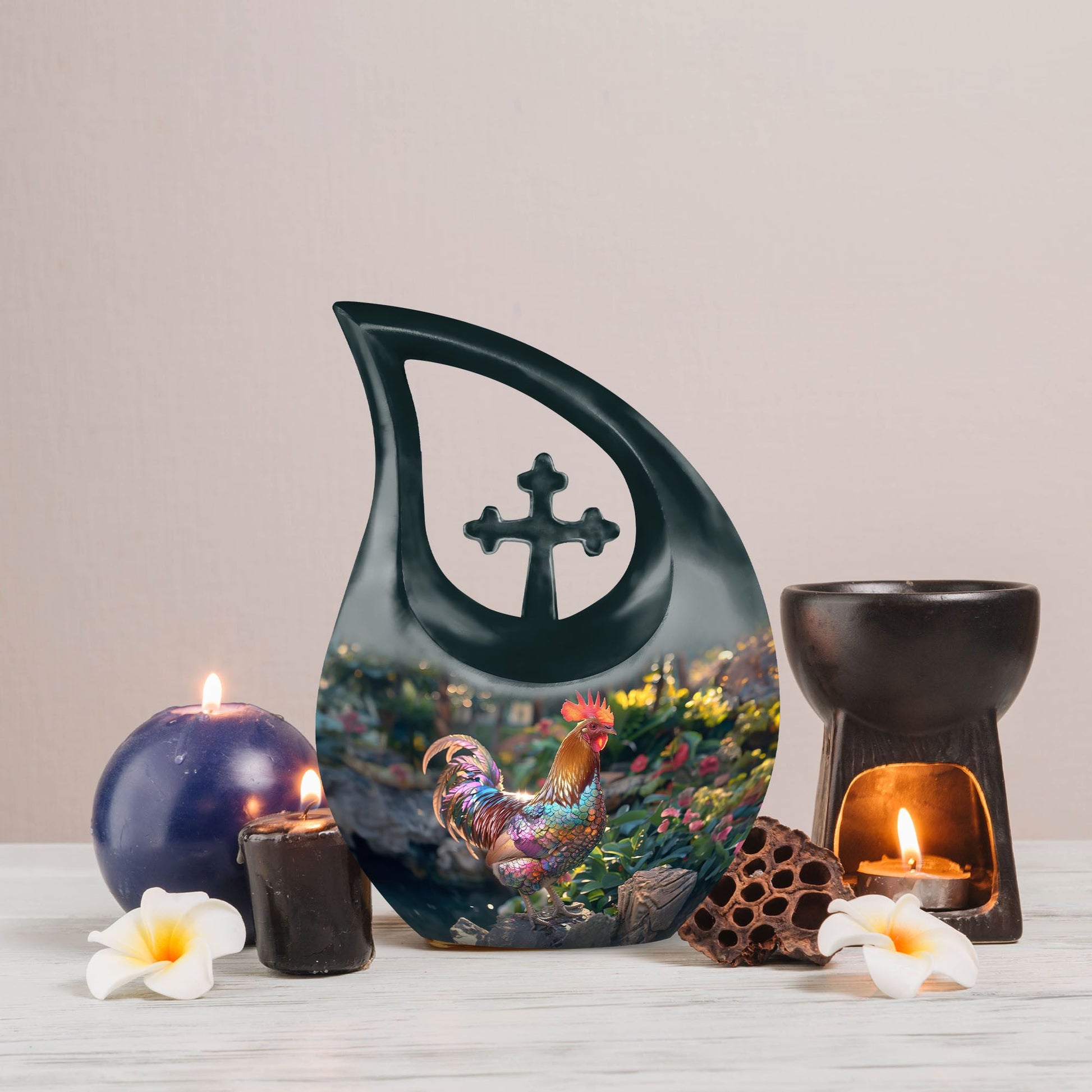 10-inch Chicken-themed Aluminium Cross Drop Large Urn for Affordable Cremation