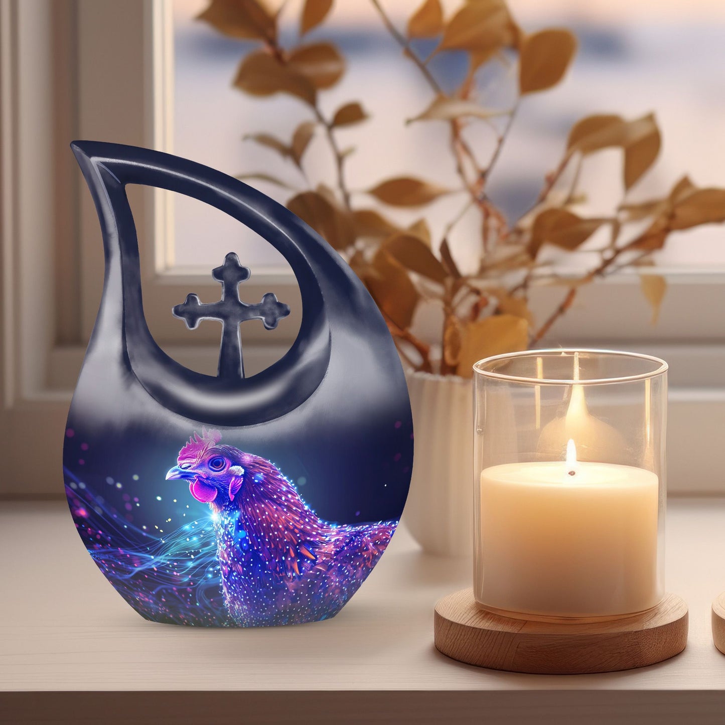 10 inch Chicken-themed Cross Drop design aluminium Funeral Urn with customizable engraving