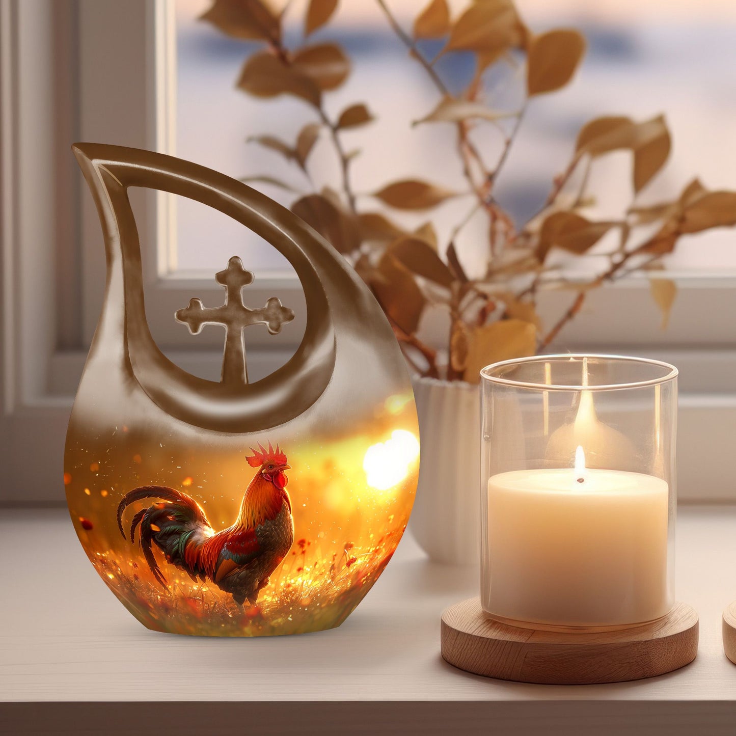 10 inch Chicken themed Cross Drop design Memorial Urn 