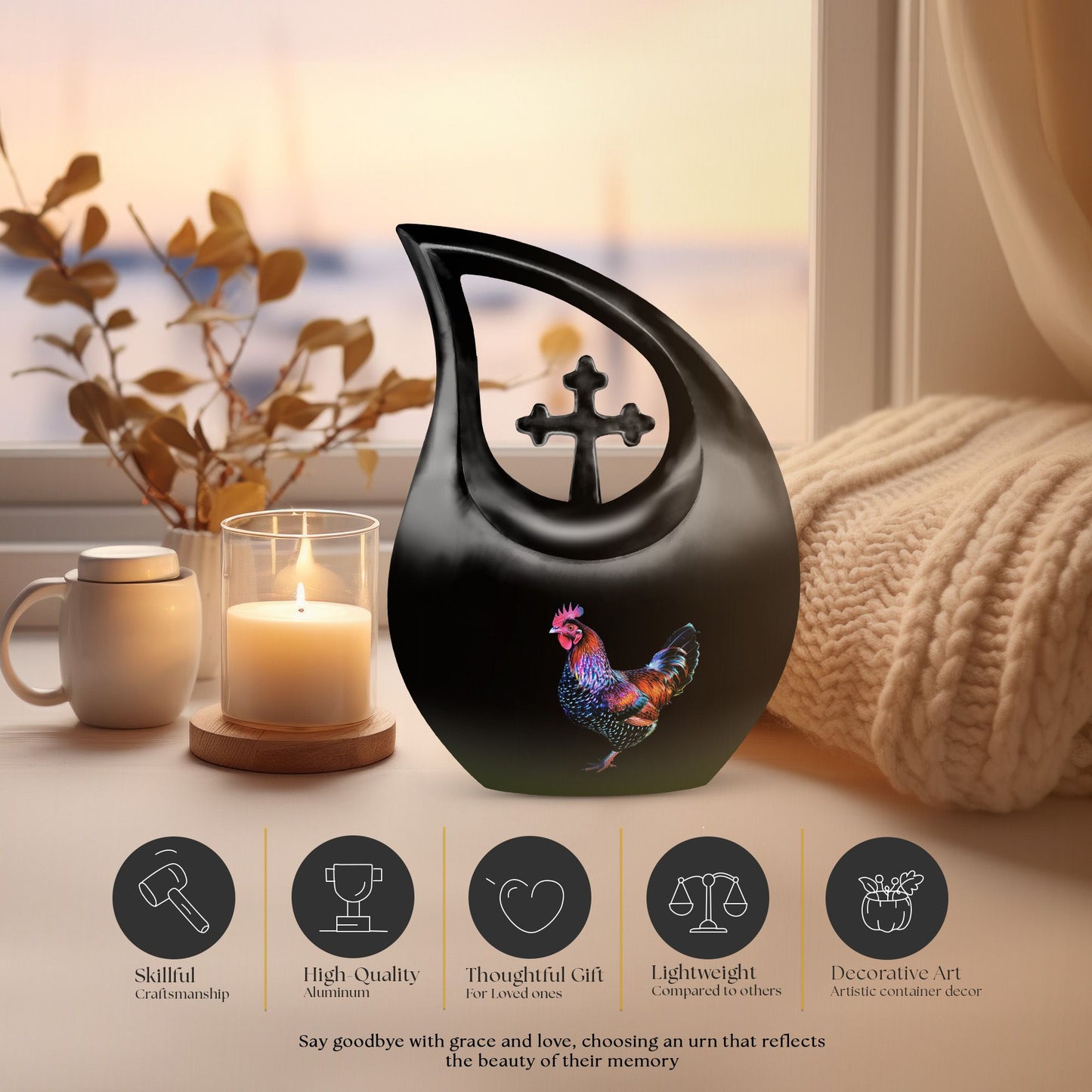 10-inch affordable Chicken urn designed with Cross Drop, suitable for burial or cremation