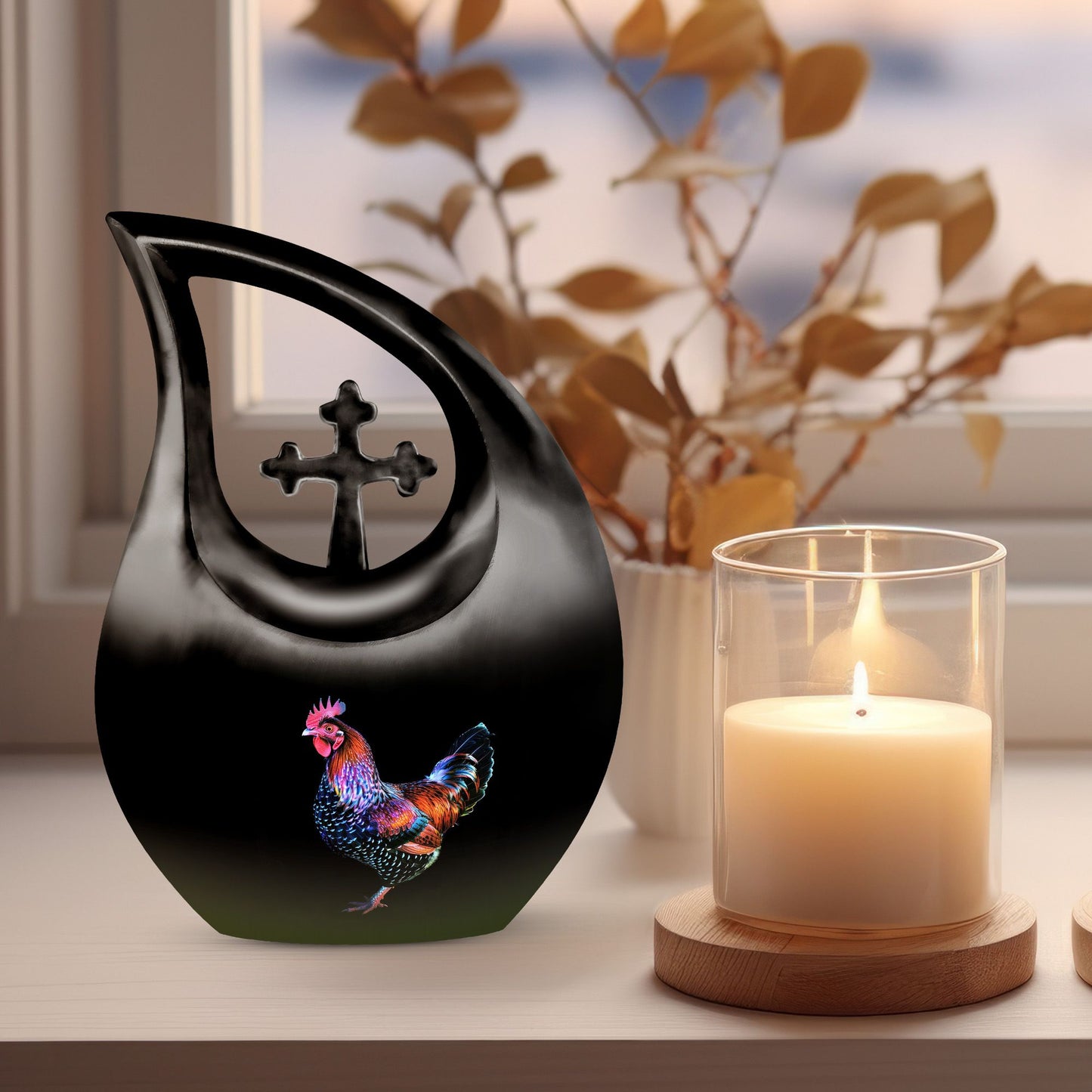 10-inch affordable Chicken urn designed with Cross Drop, suitable for burial or cremation