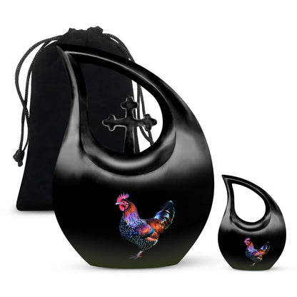 10-inch affordable Chicken urn designed with Cross Drop, suitable for burial or cremation