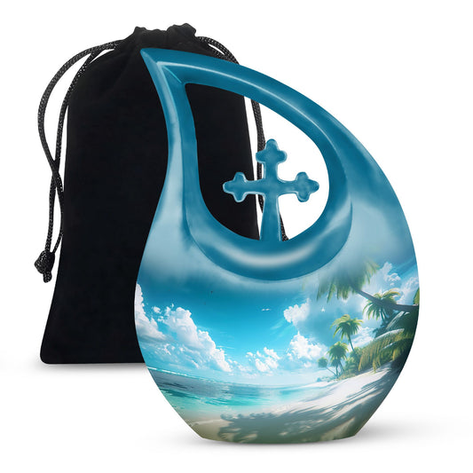 Affordable 10-inch Beach Urn with Cross Drop Design and Personalized Engraving Option