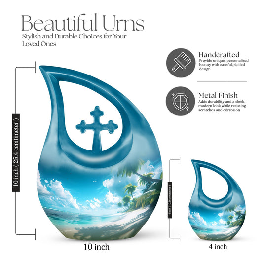 Affordable 10-inch Beach Urn with Cross Drop Design and Personalized Engraving Option