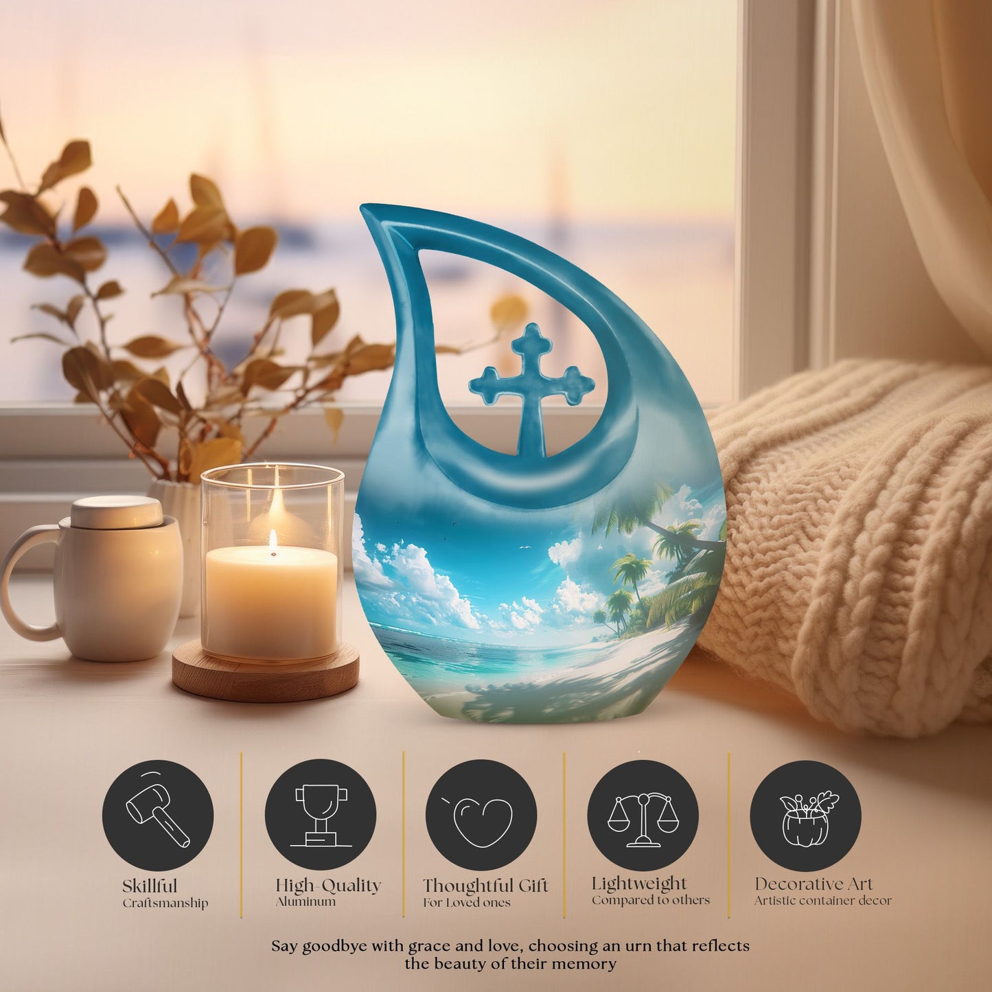 Affordable 10-inch Beach Urn with Cross Drop Design and Personalized Engraving Option