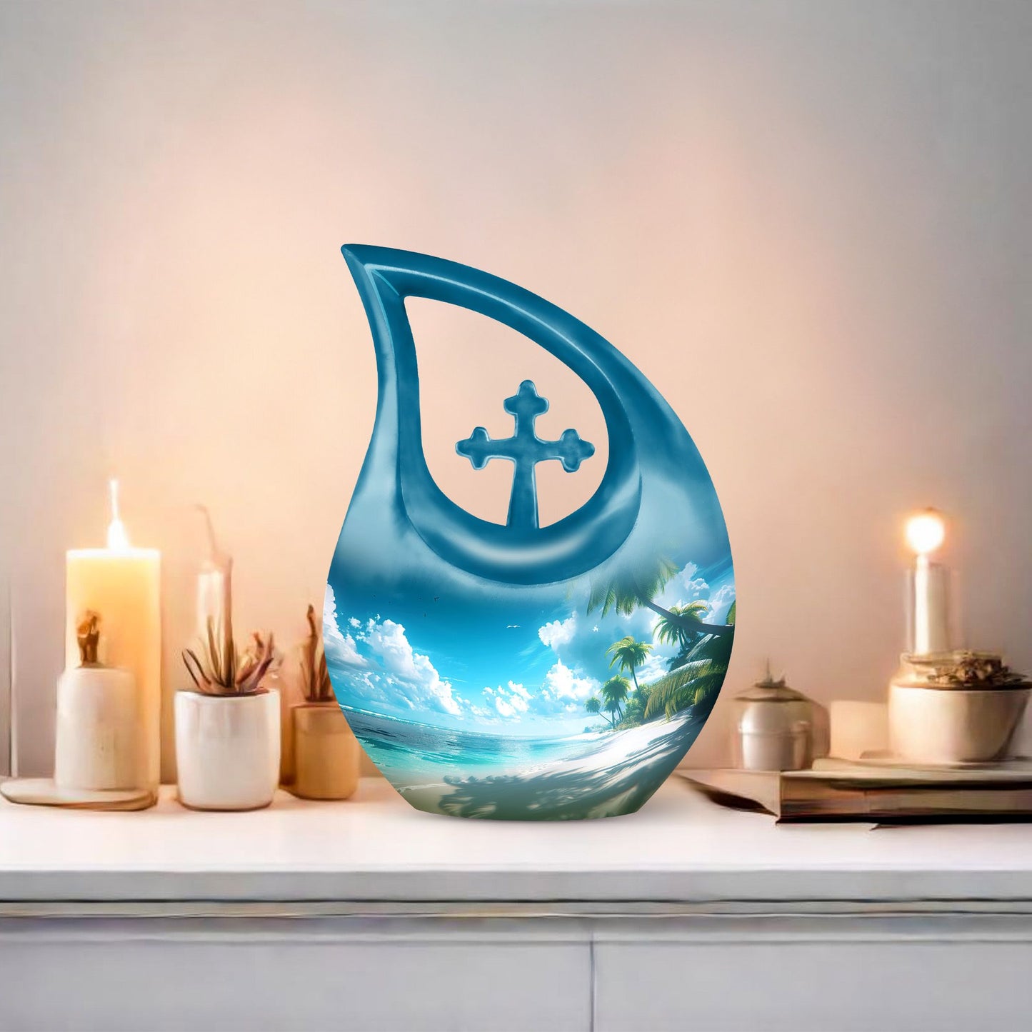 Affordable 10-inch Beach Urn with Cross Drop Design and Personalized Engraving Option