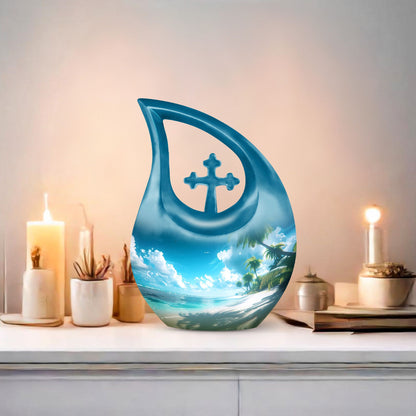 Affordable 10-inch Beach Urn with Cross Drop Design and Personalized Engraving Option