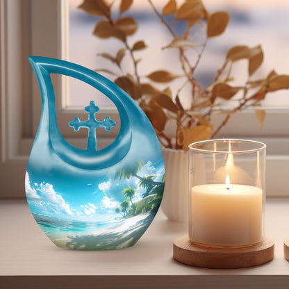 Affordable 10-inch Beach Urn with Cross Drop Design and Personalized Engraving Option