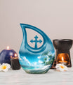Affordable 10-inch Beach Urn with Cross Drop Design and Personalized Engraving Option