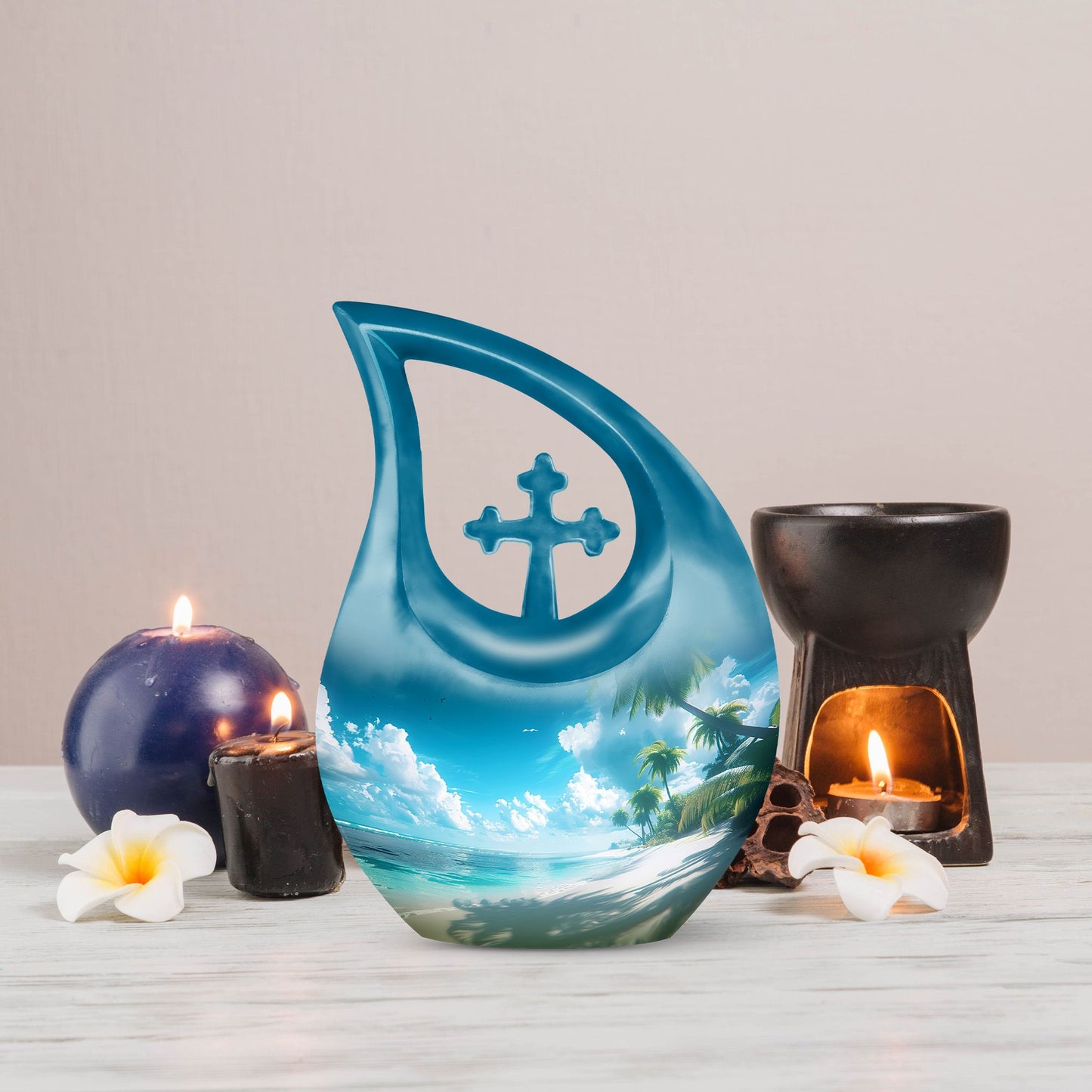 Affordable 10-inch Beach Urn with Cross Drop Design and Personalized Engraving Option