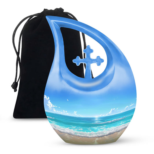 10-inch Beach Urn with Cross Drop design for ashes, includes velvet pouch