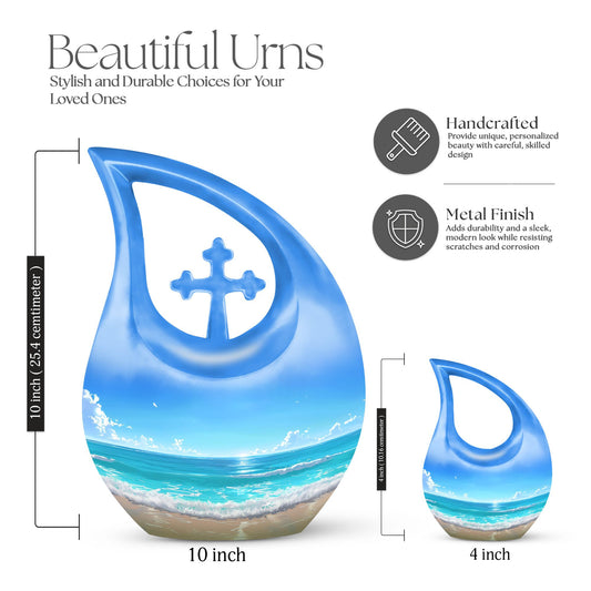 10-inch Beach Urn with Cross Drop design for ashes, includes velvet pouch