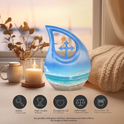 10-inch Beach Urn with Cross Drop design for ashes, includes velvet pouch
