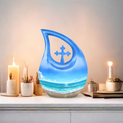 10-inch Beach Urn with Cross Drop design for ashes, includes velvet pouch