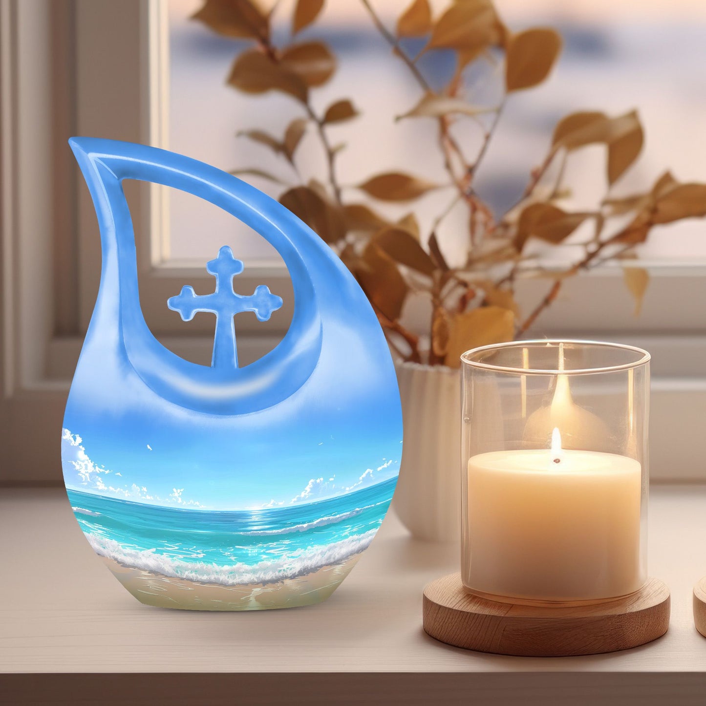 10-inch Beach Urn with Cross Drop design for ashes, includes velvet pouch